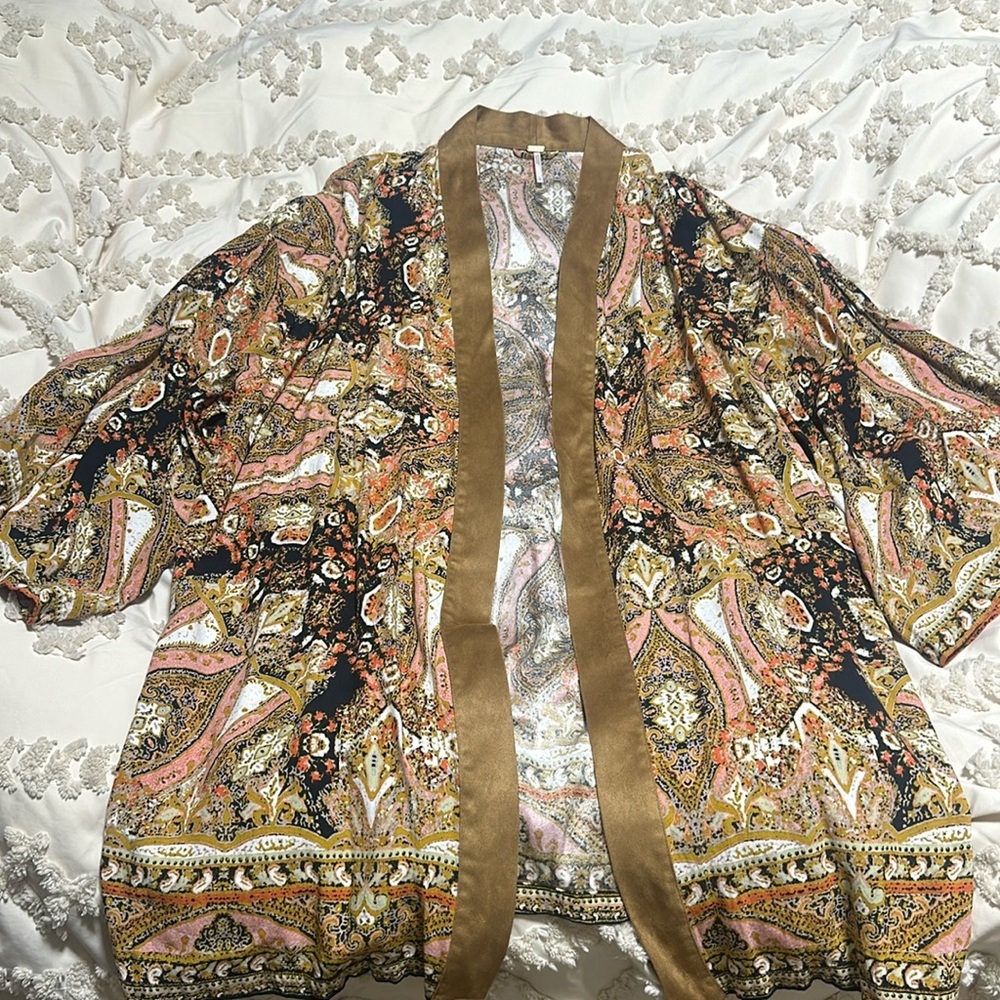 Free People Brown and Gold Embellished 3/4 Sleeve Blouse